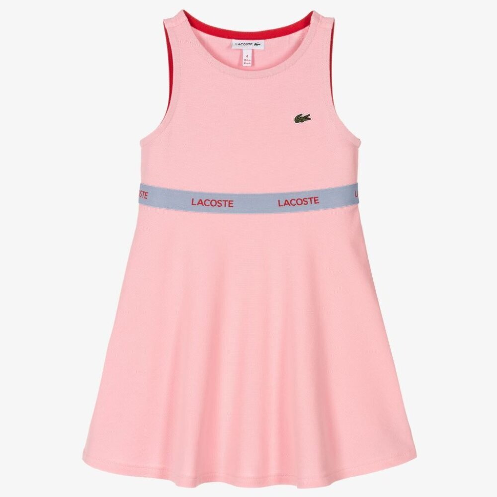LACOSTE Girls Pink Pique Cotton Logo Sleeveless Dress 4